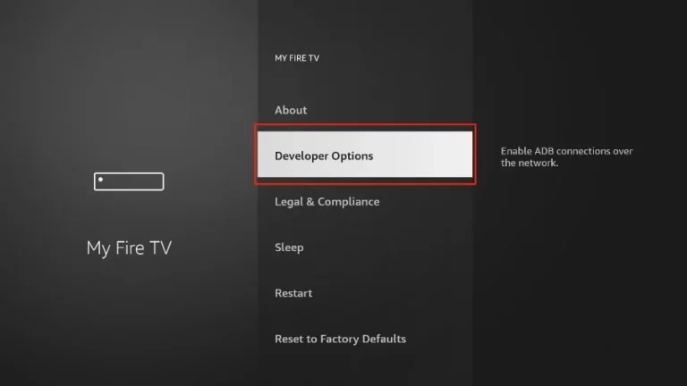 Navigating to Developer Options on Fire TV menu for iptvon sideloading and app installation.