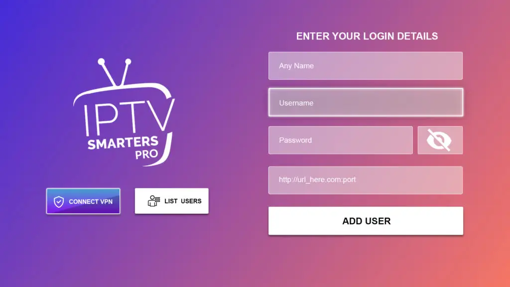 Entering iptvon login credentials and server URL into the IPTV Smarters Pro application interface.