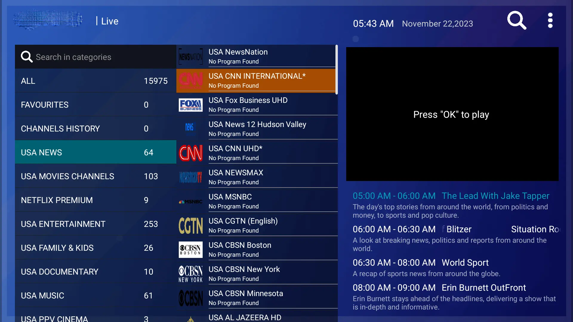 Streaming live USA news and premium international channels using the iptvon digital interface.