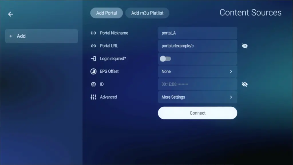 User configuring portal URL and server settings on the iptvon player interface for live streaming.
