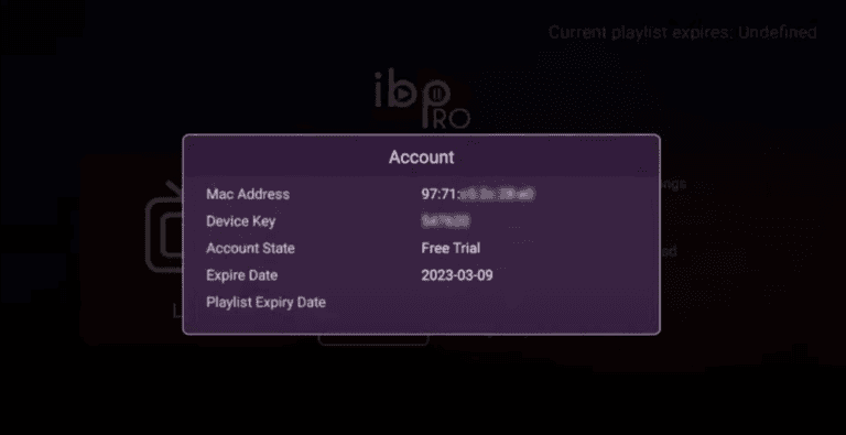Checking the account status and MAC address on IBO Pro for iptvon service activation.