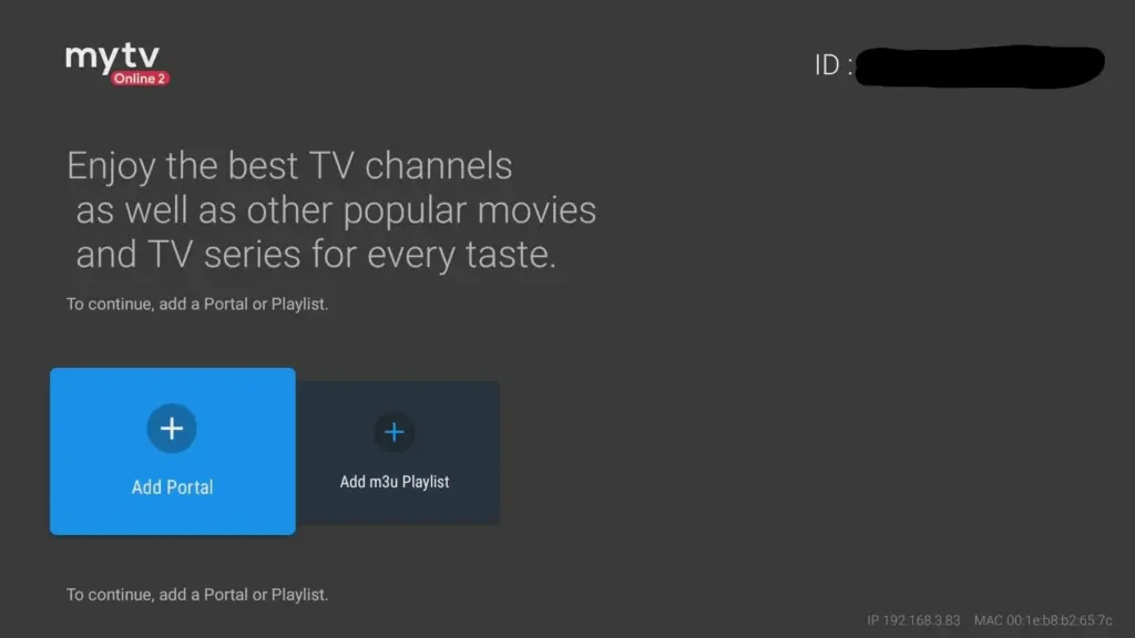 Setup screen for the mytv Online 2 app showing how to add a portal or m3u playlist for your iptvon service.