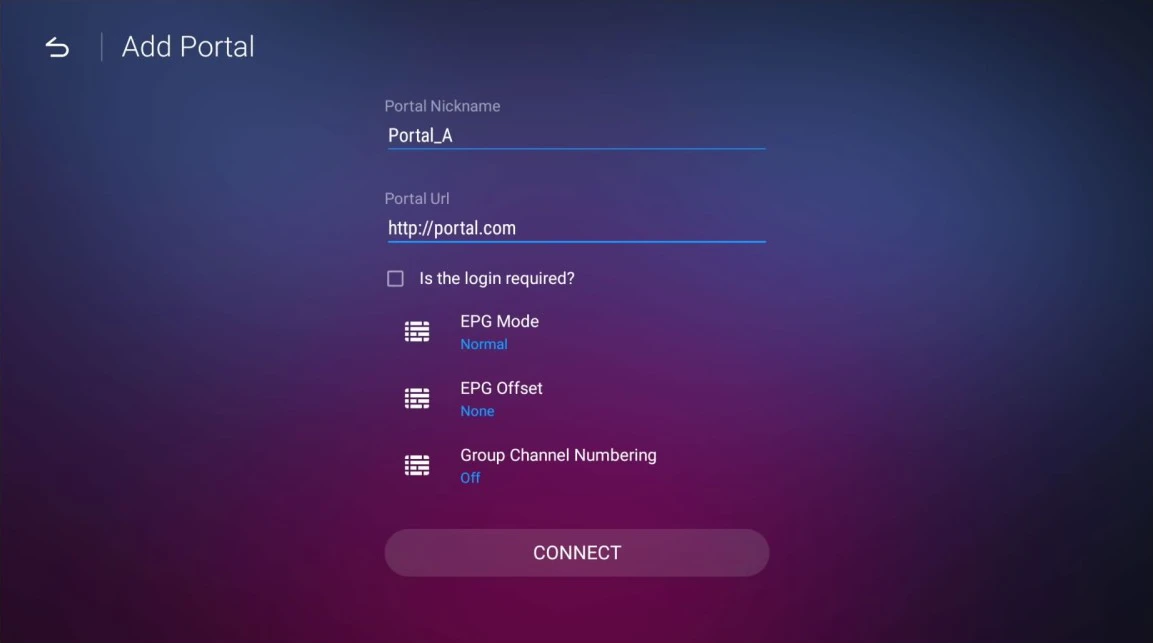 Configuration screen showing how to enter a portal URL and nickname for streaming on iptvon.
