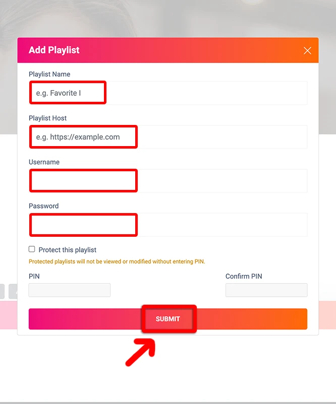 User interface showing how to enter playlist credentials and host details into the iptvon application.