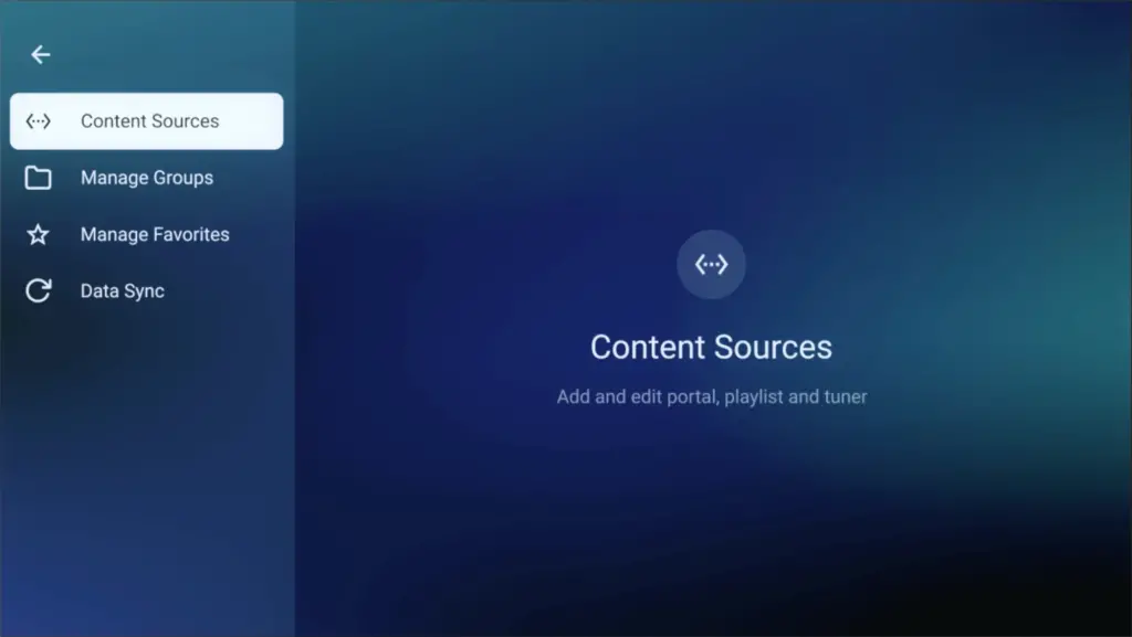 Interface of iptvon showing the content sources menu to add and edit streaming portals and playlists.