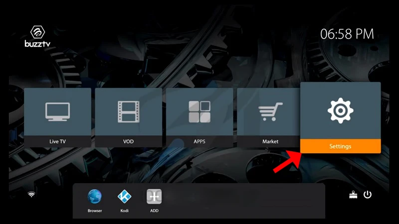 Accessing the system settings on a BuzzTV interface to set up iptvon streaming services and apps.