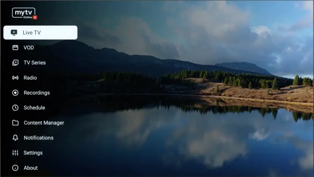 Navigating the iptvon main menu on MyTV Online 3 to access live television and VOD services.