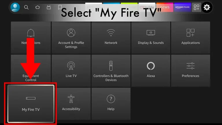 Navigating to the My Fire TV settings menu to prepare your device for the iptvon application installation.