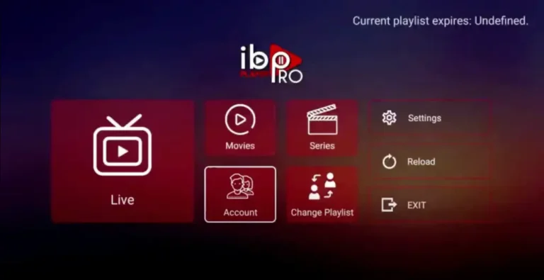 Navigating the IBO Player Pro main menu to access live TV and movies through iptvon streaming services.