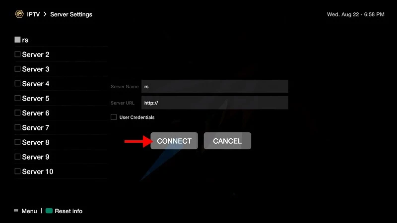 Setting up server URL and login credentials on the iptvon app interface for live streaming access.