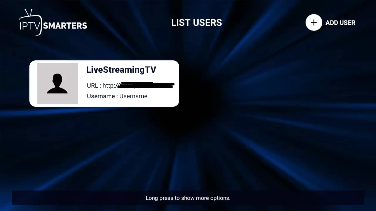 User managing a streaming account profile on the IPTV Smarters app dashboard using iptvon credentials.
