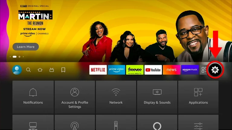 Navigating to settings menu on Fire TV to configure the iptvon app installation.