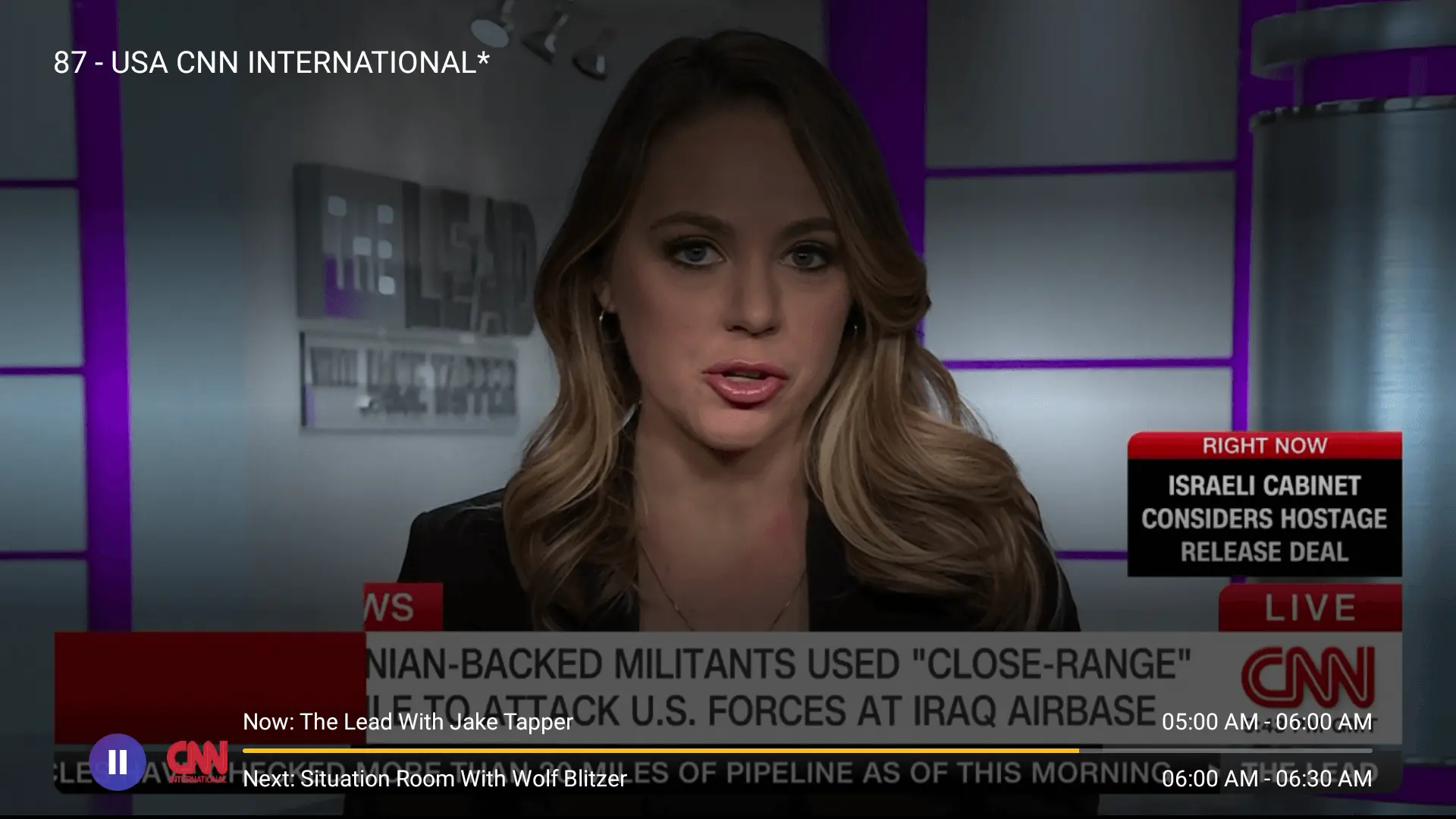 Streaming live CNN International breaking news coverage through the iptvon service interface.