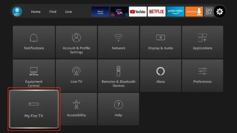 Accessing the My Fire TV menu in settings to configure developer options for installing iptvon.