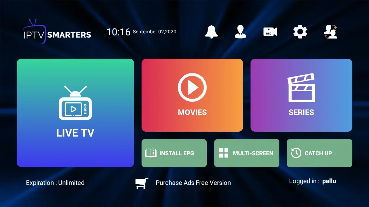 User dashboard for iptvon streaming showing Live TV, Movies, and Series categories for easy navigation.