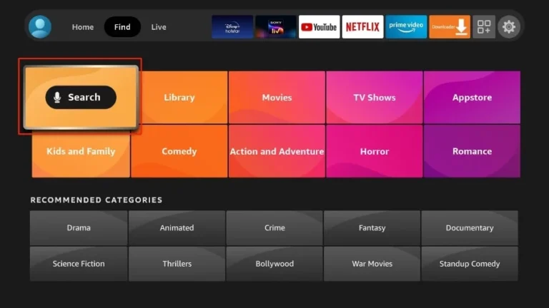 Navigating the Fire TV search menu to install the iptvon application for live streaming content.