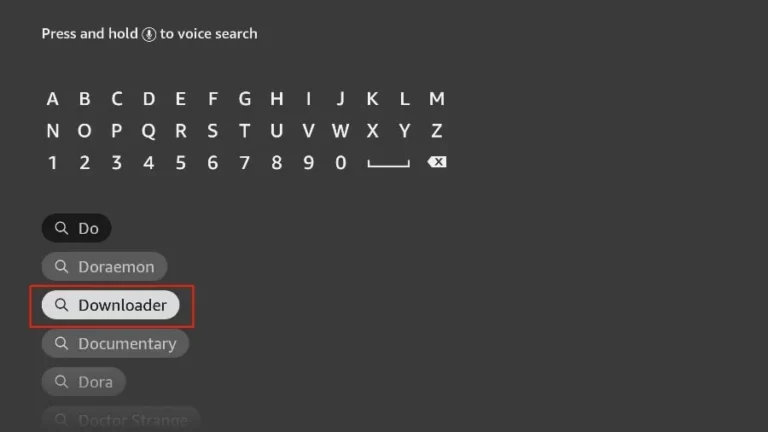 Searching for the Downloader app on a smart TV interface to install iptvon services.