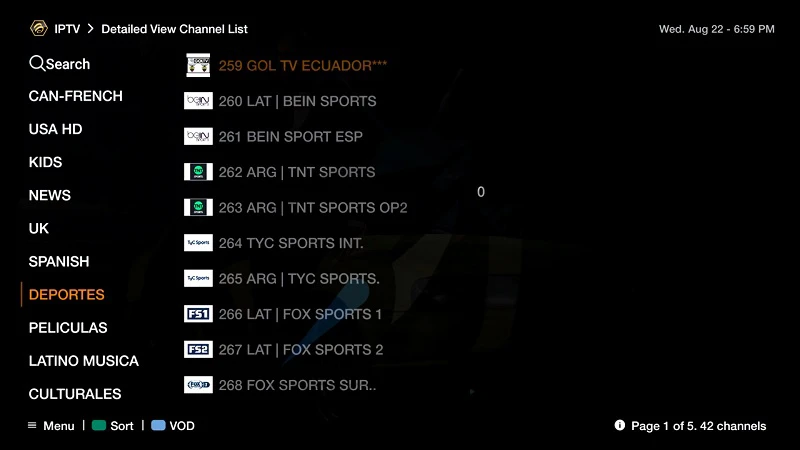 Browsing the live sports channel category on the iptvon interface for international football and entertainment.