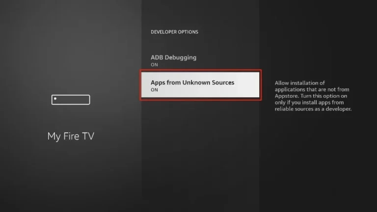 User enabling Apps from Unknown Sources in Fire TV developer settings to install the iptvon streaming application.