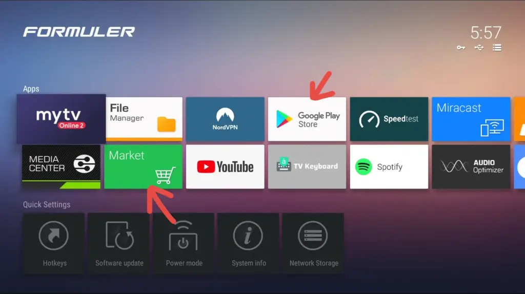 Navigating the Formuler dashboard to download streaming apps for iptvon via the Google Play Store and Market.