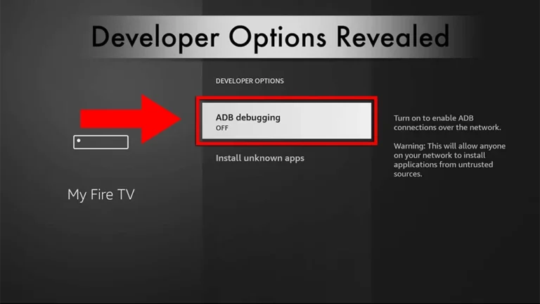 Enabling ADB debugging in Fire TV developer options to allow third-party app installation via iptvon.
